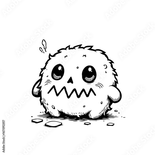 Whimsical nervous orb creature cartoon illustration showcasing expressive wide eyes and jagged