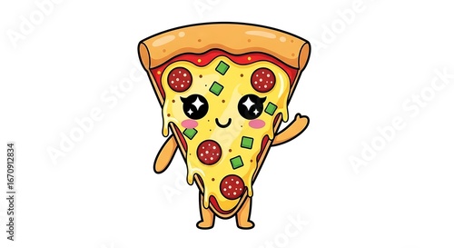 Cute Cartoon Pizza Slice Character Waving Isolated on White Background