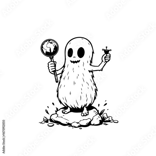 Whimsical phantom stands proudly atop a stone, juxtaposing our world's future with whimsical