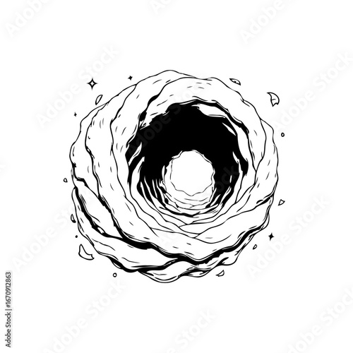Whimsical portal illustration featuring swirling layers into an unknown dimension a celestial