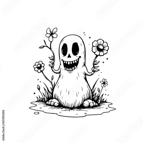 Whimsical spectral being with blooming flowers and joyous grin creates happy atmosphere in simple