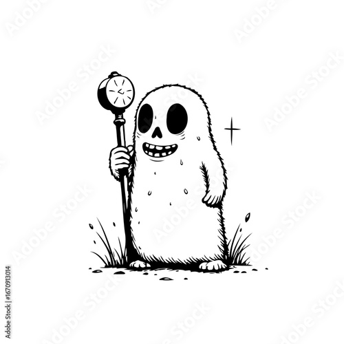 Whimsical spectral character wielding time device in monochrome artistry creating a unique spooky