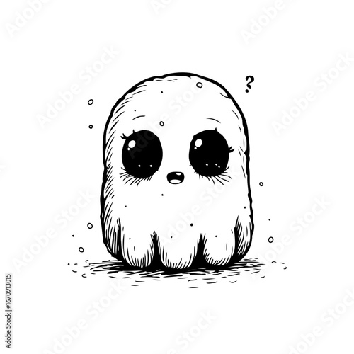 Whimsical spectral being with large doe eyes and expressive presence, an illustration of cute
