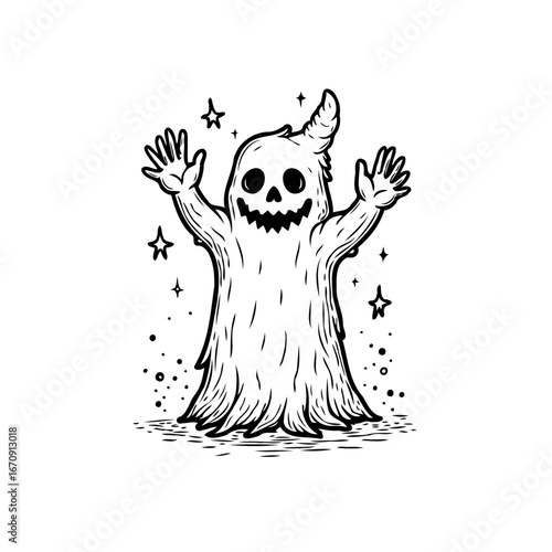 Whimsical spectral figure casting eerie spells with hands raised for some mysterious halloween