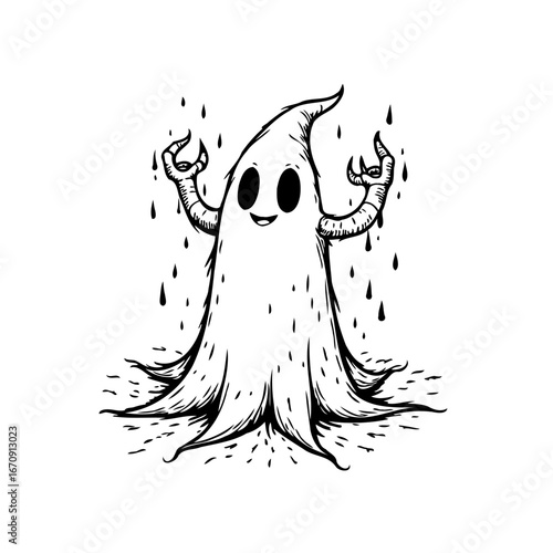 Whimsical spectral figure with dripping droplets a playful monochromatic sketch a delightful