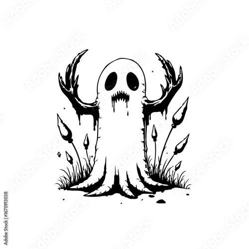Whimsical spectre apparition with foliage hand gesture against a stark backdrop suitable for