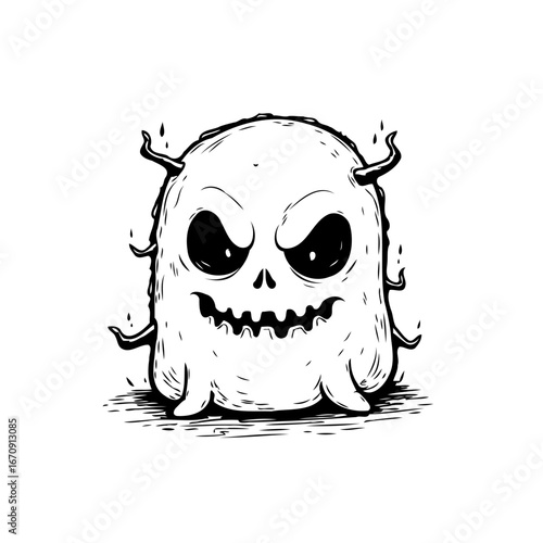 Whimsical spooky character illustration a playful ghost figure with horns and toothy grin digital