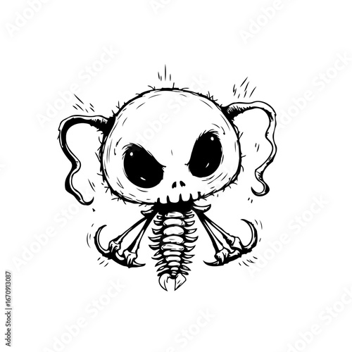 Whimsical spooky skeleton creature illustration with oversized head and ear appendages and rib