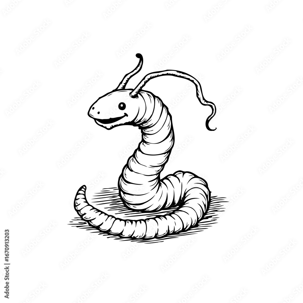 Fototapeta premium Whimsical wriggler detailed sketch of a comical creature in black and white drawing that