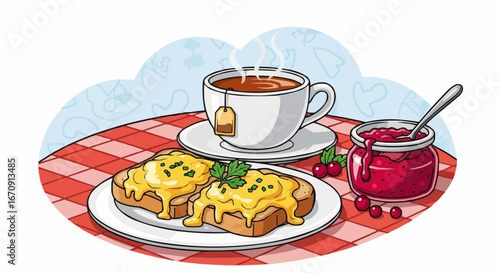 Welsh rarebit day rarebit galês vector 3 of september vector delicious breakfast with eggs benedict, tea, and jam on a checkered tablecloth illustration art