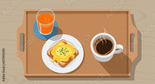 Welsh rarebit day rarebit galês vector 3 of september vector delicious breakfast tray with eggs benedict orange juice and coffee perfect morning meal flat lay style art