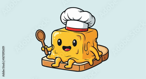 Welsh rarebit day rarebit galês vector 3 of september vector cute cartoon butter chef character on toast with spoon vector illustration food breakfast design 100