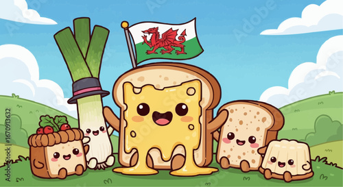 Welsh rarebit day rarebit galês vector 3 of september vector cute welsh food cartoon characters with flag of wales and leek illustration for welsh culture lovers