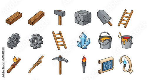 Cartoon survival kit essential crafting tools, raw materials, building resources. Ideal for game development, interactive adventure, construction, resource management themes