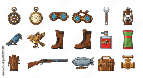 Detailed collection of steampunk and vintage-style icons. Features tools, adventurous gadgets, and unique accessories for game UI, inventory, and graphic design