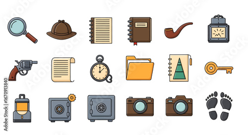Intriguing collection of flat design icons for mystery, investigation, and thrilling detective stories, hinting at secrets, clues, and suspenseful discoveries