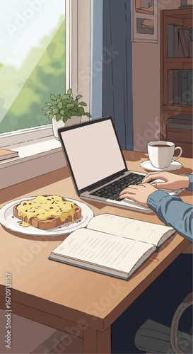 Welsh rarebit day rarebit galês vector 3 of september vector cozy study room illustration with laptop, breakfast, coffee, and bookshelf for digital art lovers