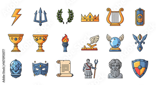 An essential collection of ancient mythological symbols, powerful artifacts, and legendary god icons, representing the rich history of classical civilizations