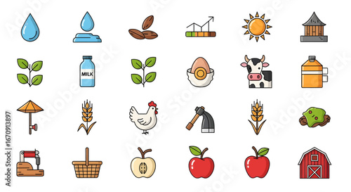 Essential agriculture icons depicting farm elements and production cycles, perfect for enhancing user interfaces and content within farming simulation tools