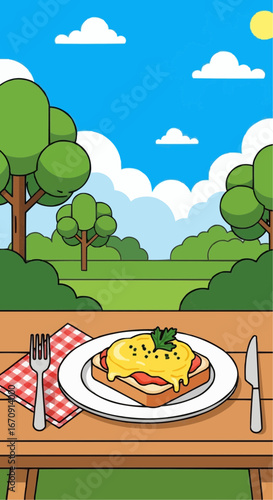 Welsh rarebit day rarebit galês vector 3 of september vector cartoon eggs benedict picnic in the park illustration, food, breakfast, nature, clouds, sky, trees scene