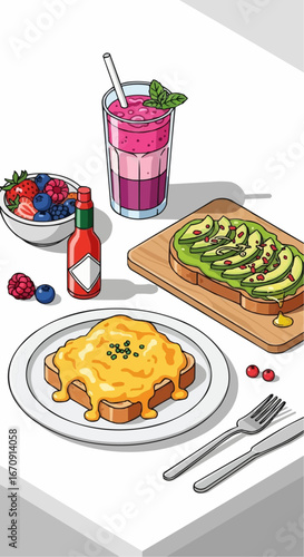 Welsh rarebit day rarebit galês vector 3 of september vector delicious breakfast brunch featuring avocado toast smoothie and eggs benedict illustration style art