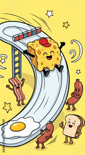 Welsh rarebit day rarebit galês vector 3 of september vector breakfast food cartoon characters having fun on a slide illustration for kids and food lovers design art