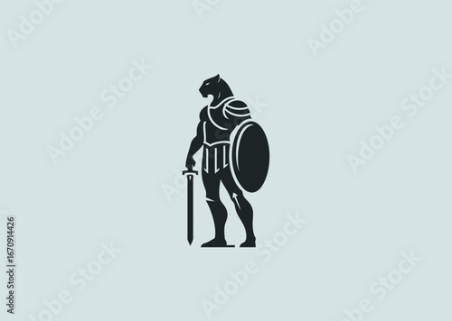 A simple minimalist panther in gladiator armor silhouette style, representing stealth, strength, and fearless combat