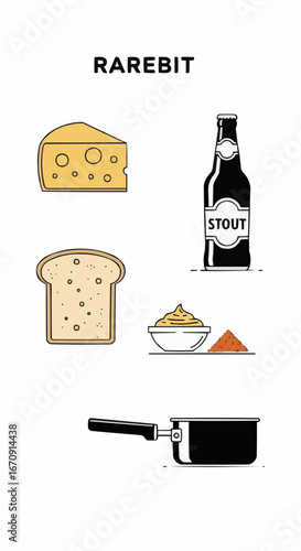 Welsh rarebit day rarebit galês vector 3 of september vector rarebit recipe illustration featuring cheese stout beer bread mustard and pot for cooking a delicious meal