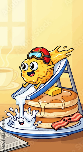 Welsh rarebit day rarebit galês vector 3 of september vector cartoon pancake character sliding into breakfast with bacon and milk illustration fun food design