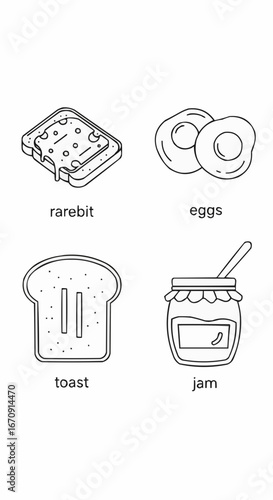 Welsh rarebit day rarebit galês vector 3 of september vector breakfast food illustration: rarebit, eggs, toast, and jam vector drawing outline for menu design art