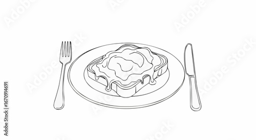 Welsh rarebit day rarebit galês vector 3 of september vector outline drawing of croque monsieur on plate with fork and knife for coloring book and food illustration