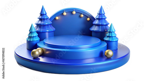 Festive blue christmas podium with trees and baubles isolated on transparent background
