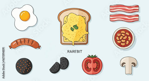 Welsh rarebit day rarebit galês vector 3 of september vector full english breakfast vector illustration with fried egg bacon sausage beans tomato and black pudding icons