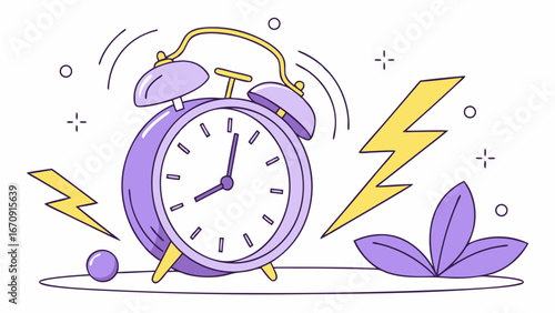 Alarm clock ringing time management concept purple clock flat design illustration vector graphic.