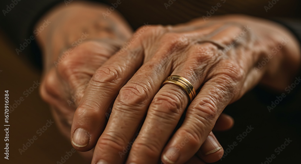 Fototapeta premium Elderly Hands with Gold Ring Resting Close Up on Dark Background