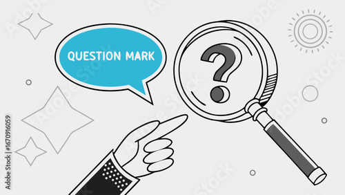 Cartoon hand pointing at magnifying glass with question mark inquiry concept illustration.