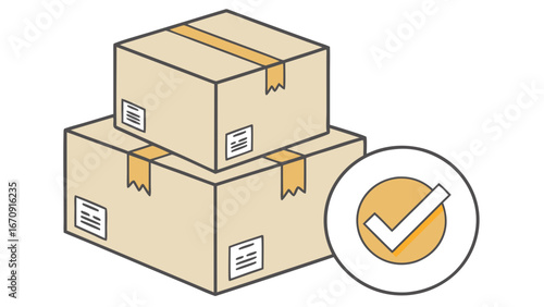Delivered Packages Stacked Cardboard Boxes with Check Mark Successful Shipping Illustration.