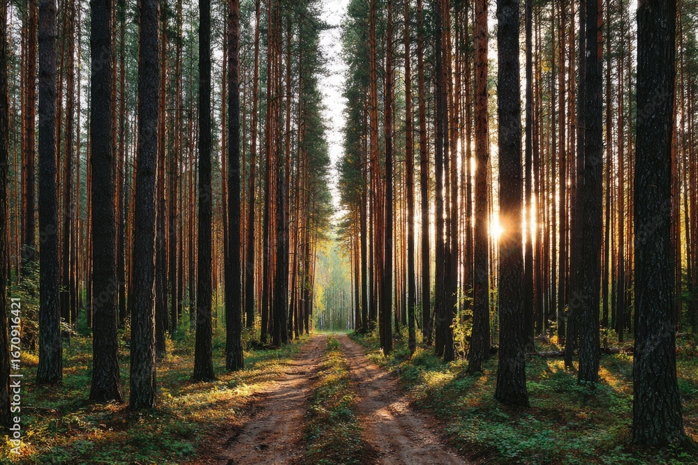 Obraz premium Sunlight streams through a pine forest path