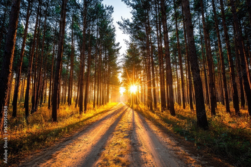 Fototapeta premium Golden sunlight streams down a forest path (1)