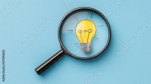 Quick tips for smart creative. light bulb and idea checking icon inside magnifier glass, working Creativity, Creative for new innovation with energy and power, growth and success development..