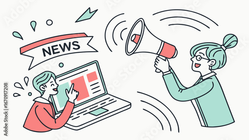 Online News Announcement Laptop Megaphone Breaking News Illustration Cartoon Characters Flat Design Social Media Post Website Banner Digital Marketing Communication Public Relations Advertisement Pro.