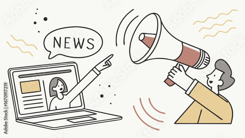 Online News Announcement Laptop Megaphone Digital Communication Breaking News Illustration Website Update Social Media Post Public Relations Marketing Advertisement Promotion Announcement Vector Illu.