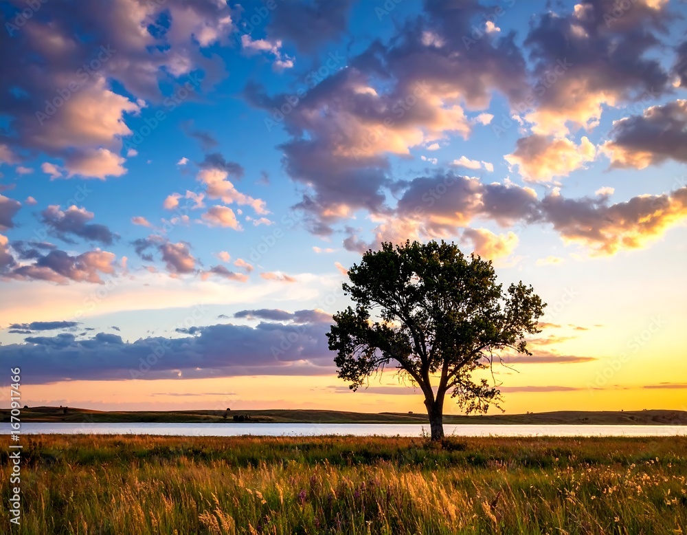 Obraz premium Serene sunset over a lake with a solitary tree