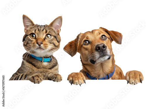 Cute Tabby Cat and Brown Dog Peek Over Edge with Curious Expressions on Black Background Perfect for Pet Lovers and Animal Enthusiasts