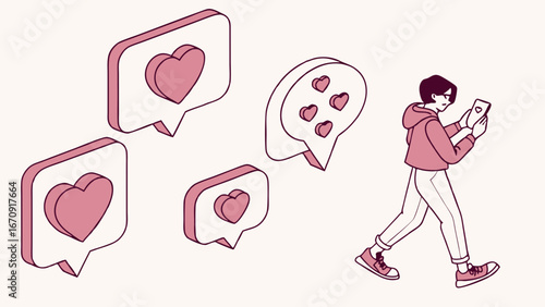 Person walking and using a smartphone with heart-shaped speech bubbles indicating likes or notifications.