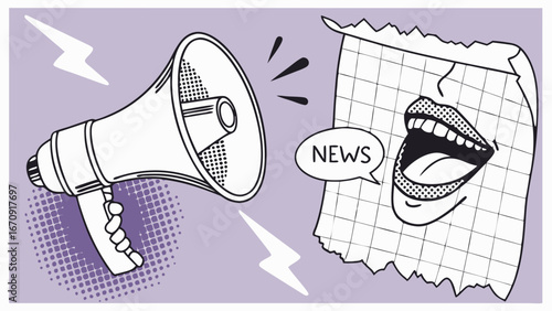 Pop Art Style Illustration of a Megaphone Announcing News with a Comic Book Mouth Design.