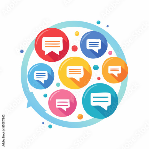 Abstract social media icon set with communication, message bubbles, and notification symbols. No logos, flat modern design for digital use