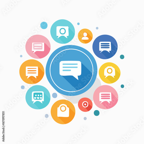 Abstract social media icon set with communication, message bubbles, and notification symbols. No logos, flat modern design for digital use