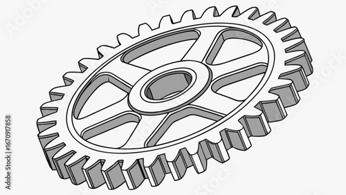 Close-up of a metallic gear industrial cogwheel mechanical part engineering design 3D rendered isolated on white background.