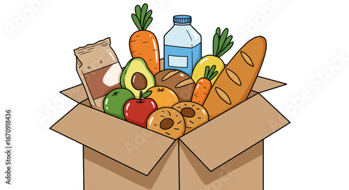 Vector illustration of a food donation box filled with fresh groceries like fruit, vegetables, and bread isolated on a white background